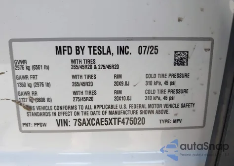 2026 Tesla Model X z USA, uszkodzony, nr VIN 7SAXCAE5XTF475020